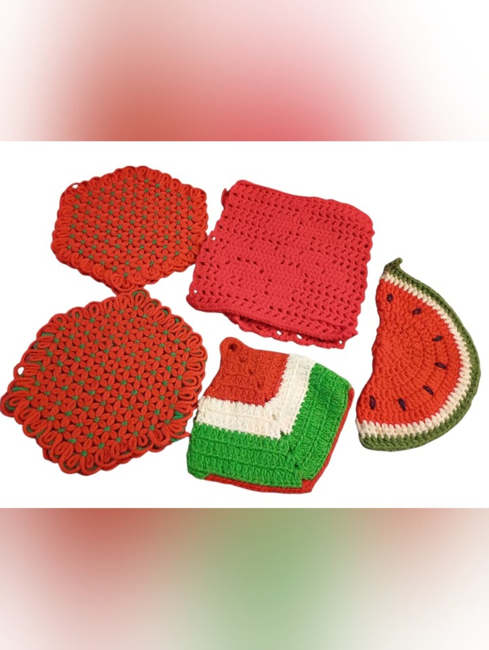 6 Piece Vintage Crochet Hot Plate Watermelon Set
